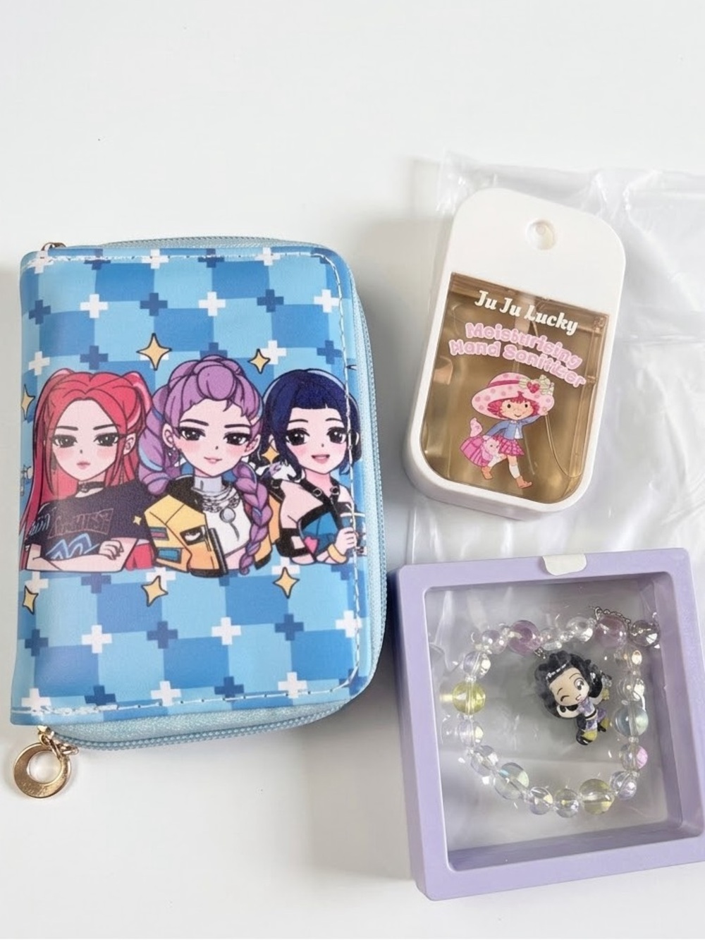 Kids Blue wallet “Demon Hunter Kpop” Charm Bracelet and Hand Sanitizer.